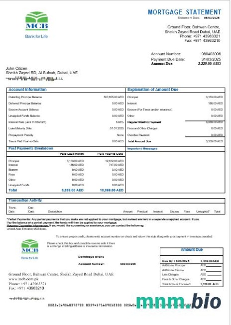 Zjednoczone Emiraty Arabskie MCB Bank wyciąg z kredytu hipotecznego w formatach Word i PDF